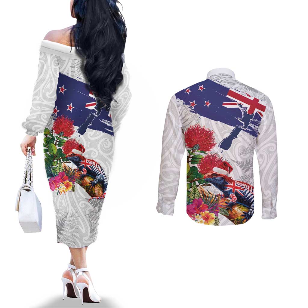 New Zealand Christmas Couples Matching Off The Shoulder Long Sleeve Dress and Long Sleeve Button Shirt Meri Kirihimete-Tuatara and Pohutukawa White Color LT03 - Polynesian Pride