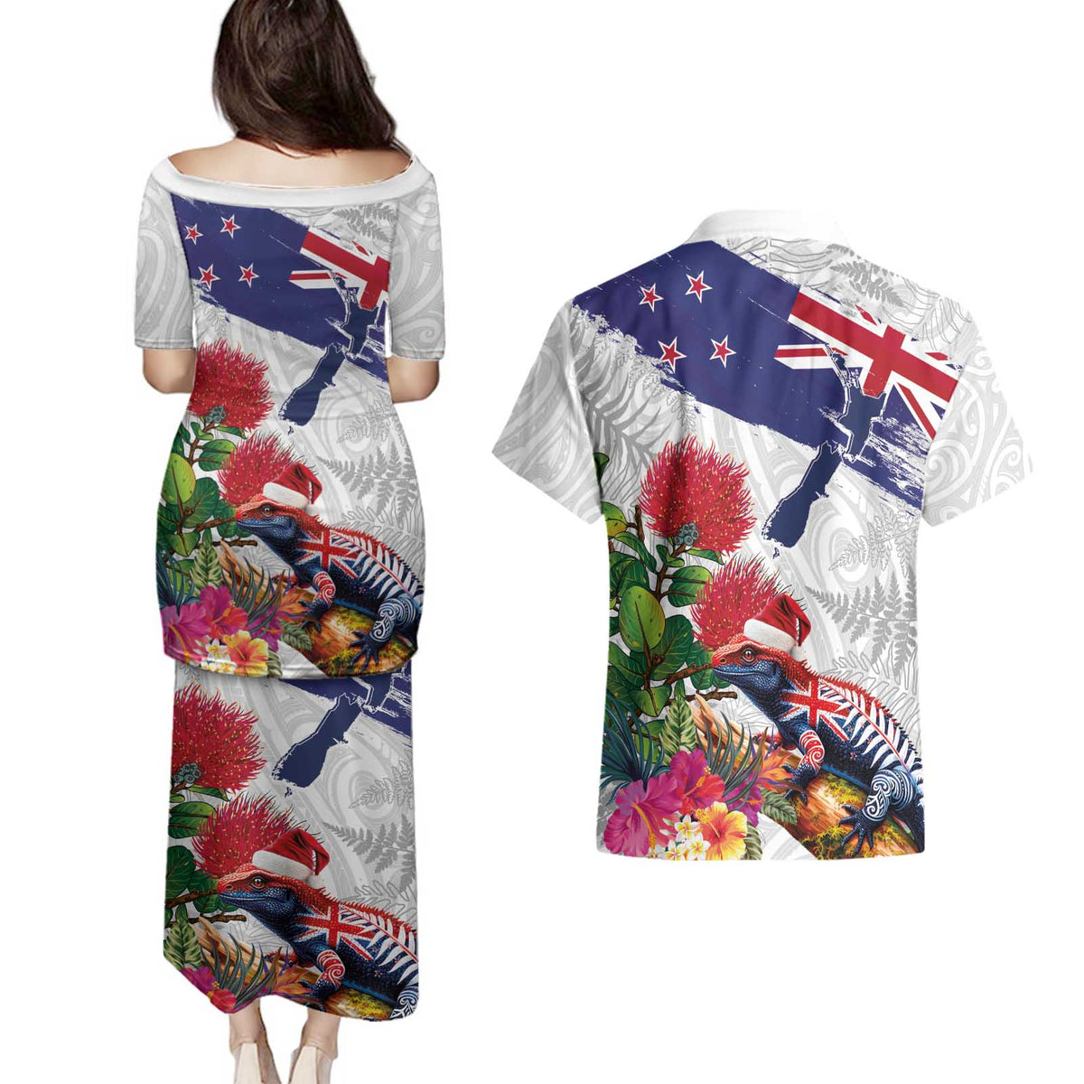 New Zealand Christmas Couples Matching Puletasi and Hawaiian Shirt Meri Kirihimete-Tuatara and Pohutukawa White Color LT03 - Polynesian Pride