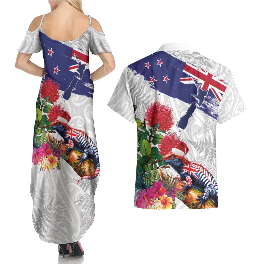 New Zealand Christmas Couples Matching Summer Maxi Dress and Hawaiian Shirt Meri Kirihimete-Tuatara and Pohutukawa White Color LT03 - Polynesian Pride