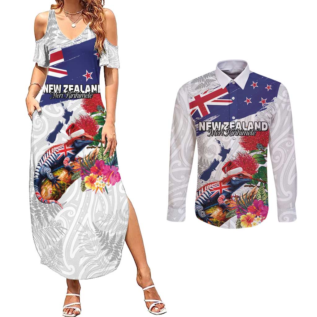 New Zealand Christmas Couples Matching Summer Maxi Dress and Long Sleeve Button Shirt Meri Kirihimete-Tuatara and Pohutukawa White Color LT03 White - Polynesian Pride