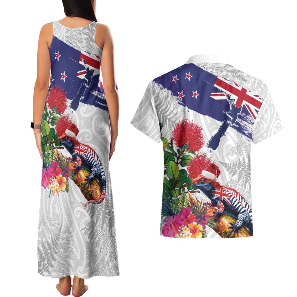 New Zealand Christmas Couples Matching Tank Maxi Dress and Hawaiian Shirt Meri Kirihimete-Tuatara and Pohutukawa White Color LT03 - Polynesian Pride