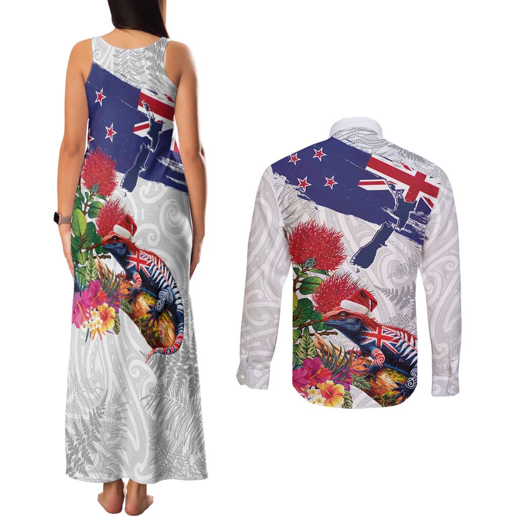 New Zealand Christmas Couples Matching Tank Maxi Dress and Long Sleeve Button Shirt Meri Kirihimete-Tuatara and Pohutukawa White Color LT03 - Polynesian Pride