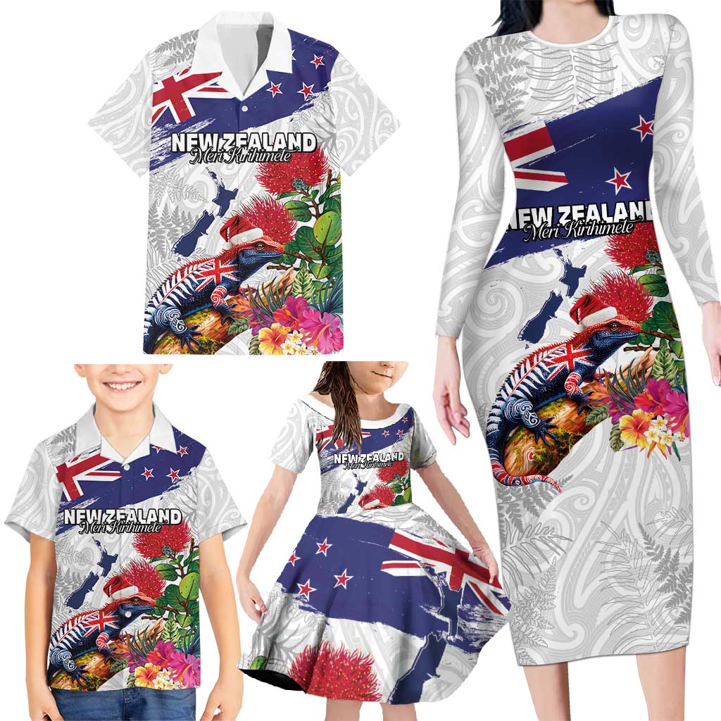 New Zealand Christmas Family Matching Long Sleeve Bodycon Dress and Hawaiian Shirt Meri Kirihimete-Tuatara and Pohutukawa White Color LT03 - Polynesian Pride