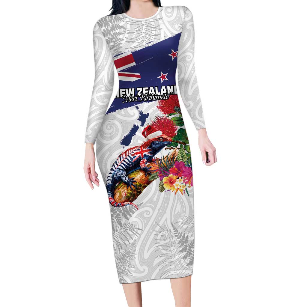 New Zealand Christmas Family Matching Long Sleeve Bodycon Dress and Hawaiian Shirt Meri Kirihimete-Tuatara and Pohutukawa White Color LT03 Mom's Dress White - Polynesian Pride