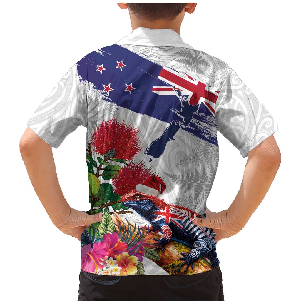 New Zealand Christmas Family Matching Mermaid Dress and Hawaiian Shirt Meri Kirihimete-Tuatara and Pohutukawa White Color LT03 - Polynesian Pride