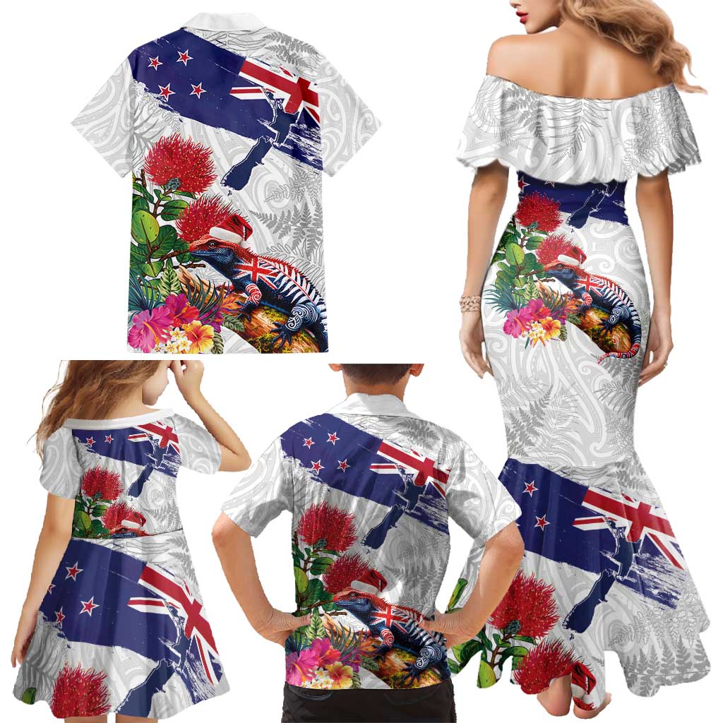 New Zealand Christmas Family Matching Mermaid Dress and Hawaiian Shirt Meri Kirihimete-Tuatara and Pohutukawa White Color LT03 - Polynesian Pride