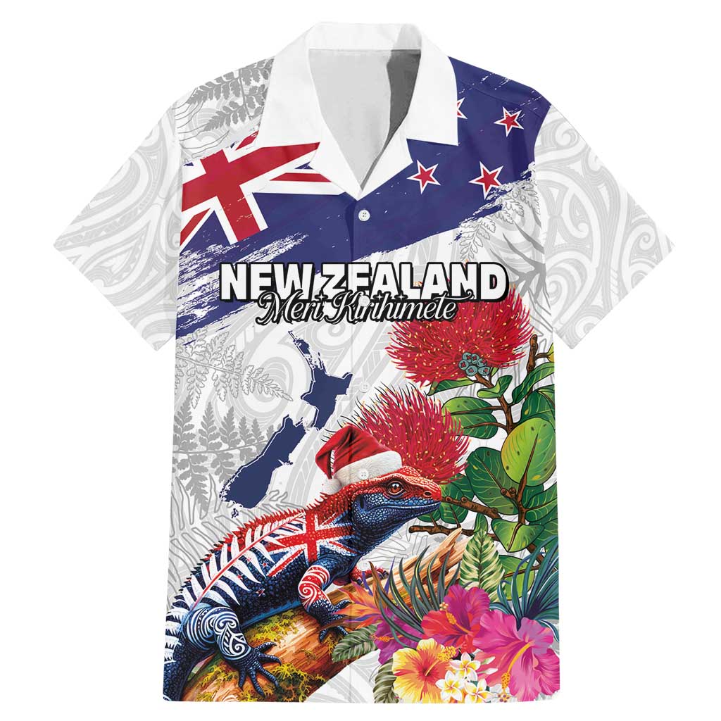 New Zealand Christmas Family Matching Mermaid Dress and Hawaiian Shirt Meri Kirihimete-Tuatara and Pohutukawa White Color LT03 Dad's Shirt - Short Sleeve White - Polynesian Pride