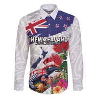 New Zealand Christmas Family Matching Mermaid Dress and Hawaiian Shirt Meri Kirihimete-Tuatara and Pohutukawa White Color LT03 Dad's Shirt - Long Sleeve White - Polynesian Pride