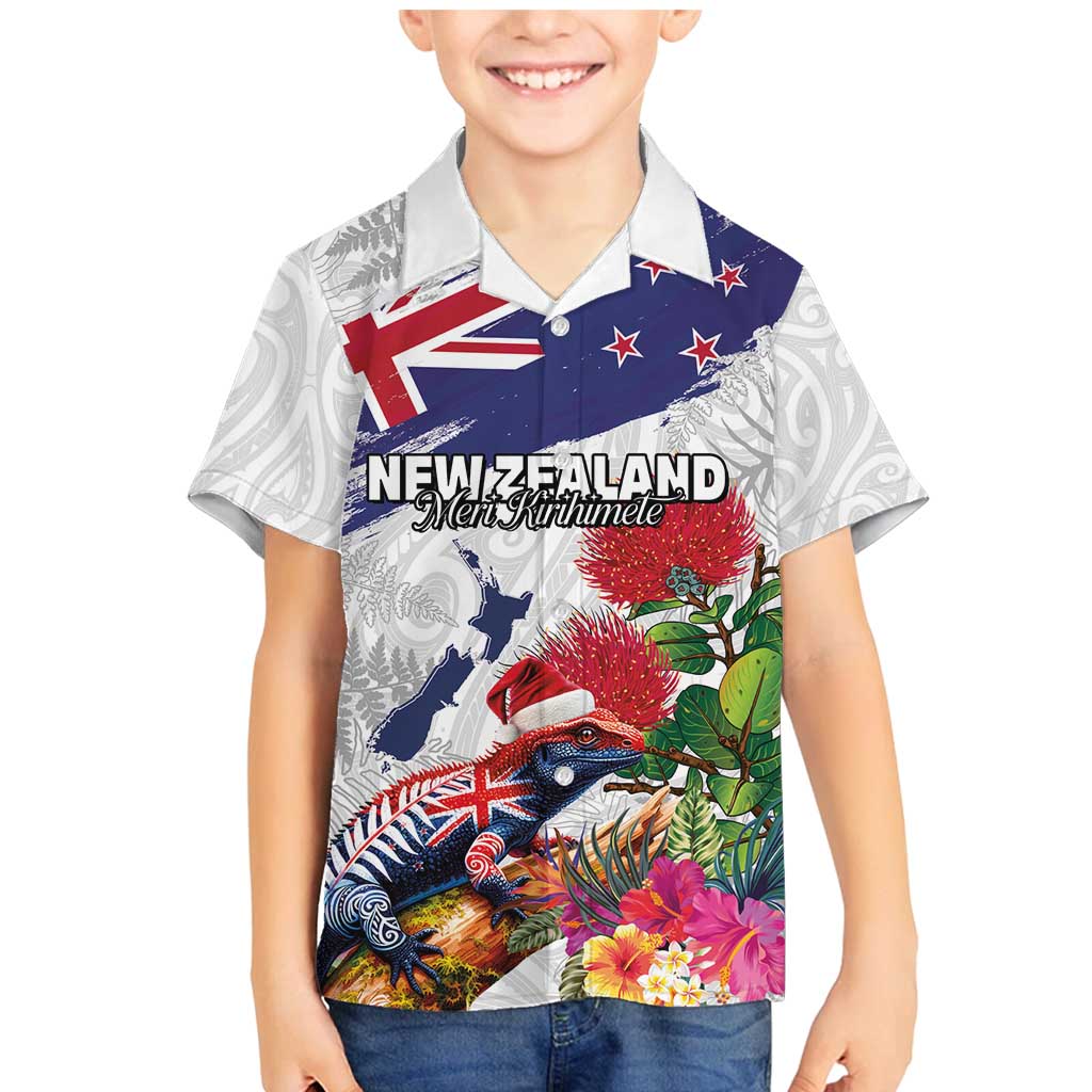 New Zealand Christmas Family Matching Mermaid Dress and Hawaiian Shirt Meri Kirihimete-Tuatara and Pohutukawa White Color LT03 Son's Shirt White - Polynesian Pride