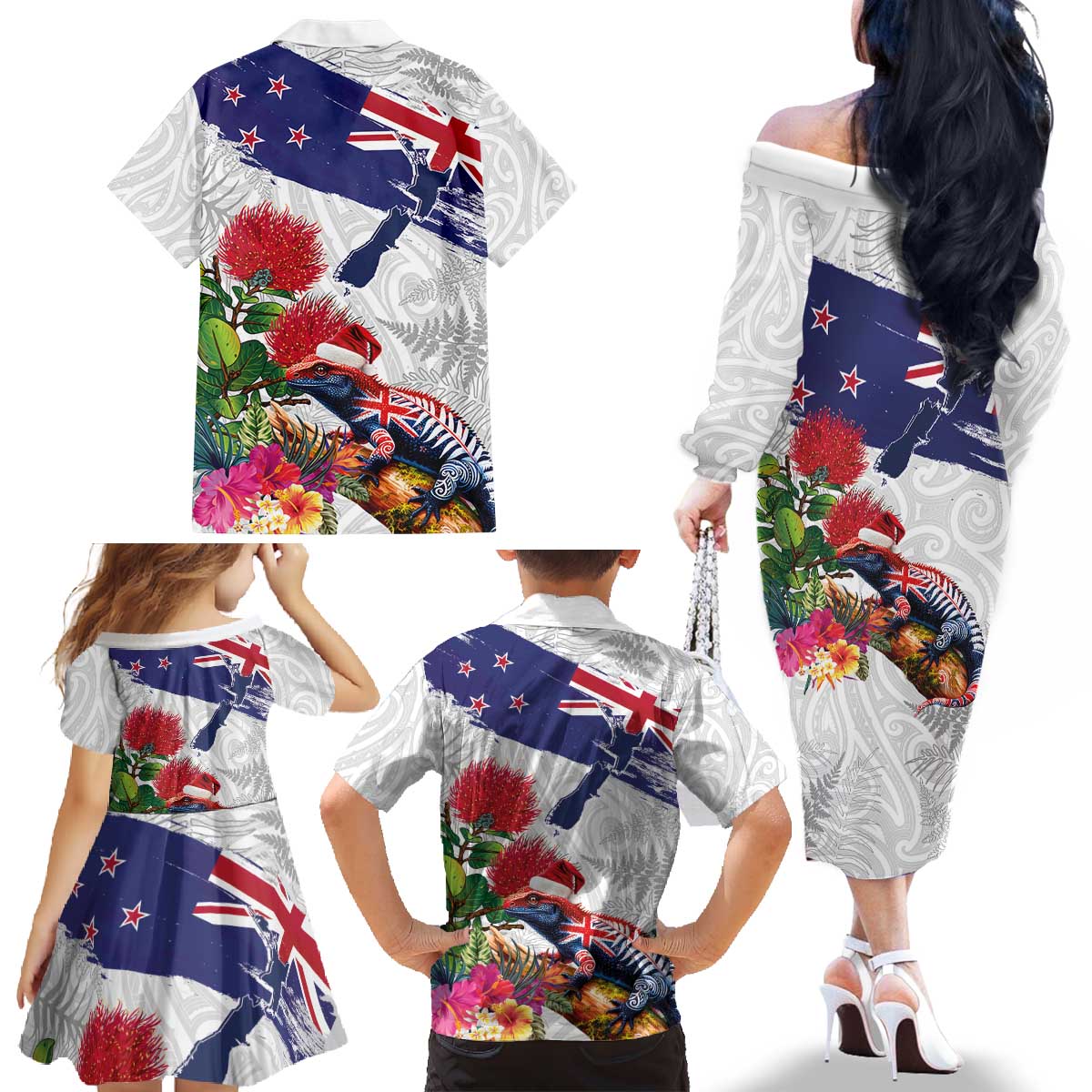New Zealand Christmas Family Matching Off The Shoulder Long Sleeve Dress and Hawaiian Shirt Meri Kirihimete-Tuatara and Pohutukawa White Color LT03 - Polynesian Pride