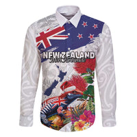 New Zealand Christmas Family Matching Off The Shoulder Long Sleeve Dress and Hawaiian Shirt Meri Kirihimete-Tuatara and Pohutukawa White Color LT03 Dad's Shirt - Long Sleeve White - Polynesian Pride