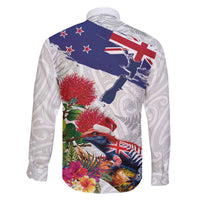 New Zealand Christmas Family Matching Off The Shoulder Long Sleeve Dress and Hawaiian Shirt Meri Kirihimete-Tuatara and Pohutukawa White Color LT03 - Polynesian Pride