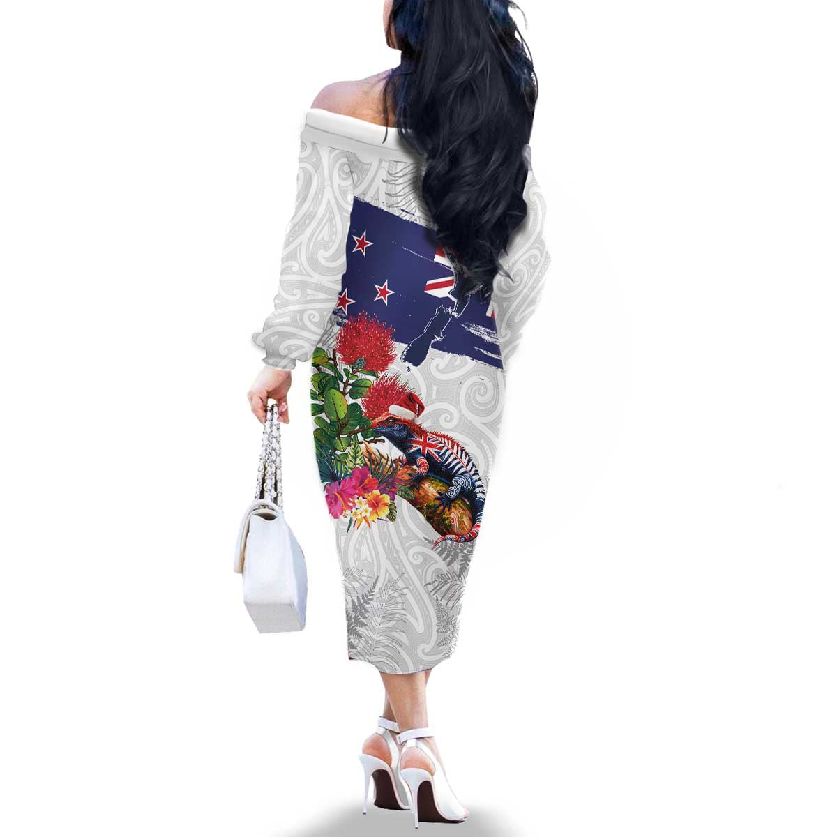 New Zealand Christmas Family Matching Off The Shoulder Long Sleeve Dress and Hawaiian Shirt Meri Kirihimete-Tuatara and Pohutukawa White Color LT03 - Polynesian Pride