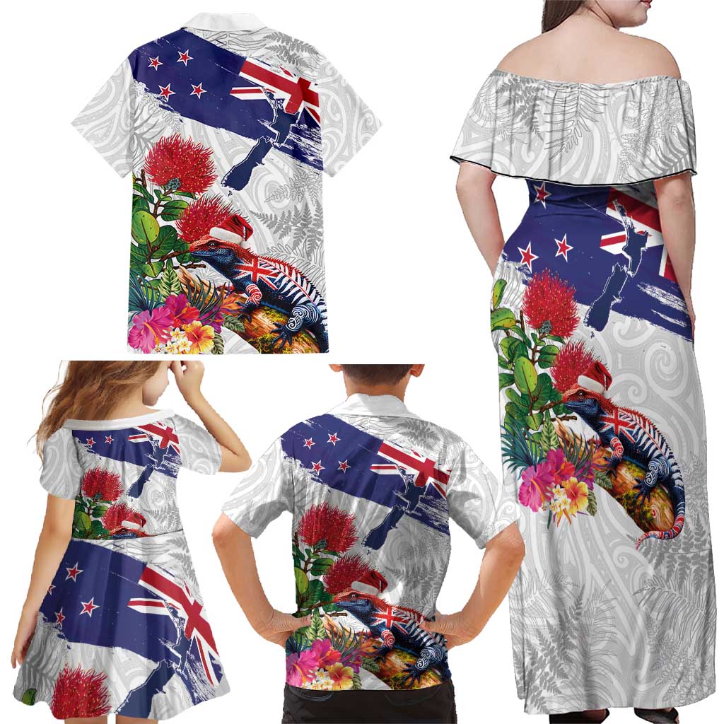 New Zealand Christmas Family Matching Off Shoulder Maxi Dress and Hawaiian Shirt Meri Kirihimete-Tuatara and Pohutukawa White Color LT03 - Polynesian Pride