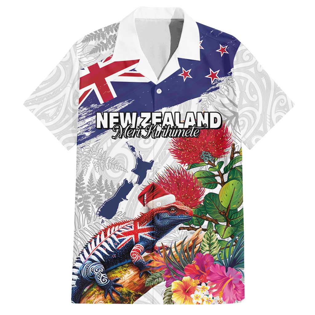 New Zealand Christmas Family Matching Off Shoulder Maxi Dress and Hawaiian Shirt Meri Kirihimete-Tuatara and Pohutukawa White Color LT03 Dad's Shirt - Short Sleeve White - Polynesian Pride