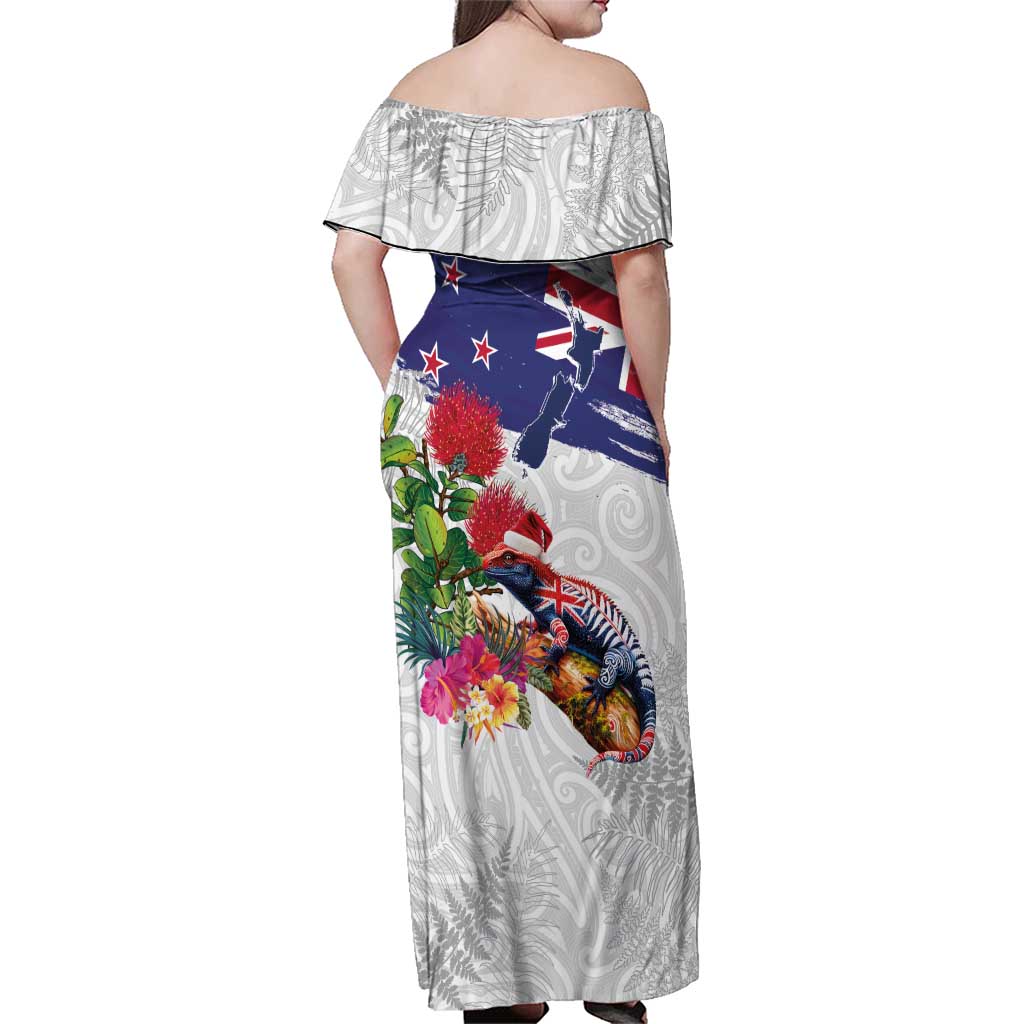 New Zealand Christmas Family Matching Off Shoulder Maxi Dress and Hawaiian Shirt Meri Kirihimete-Tuatara and Pohutukawa White Color LT03 - Polynesian Pride