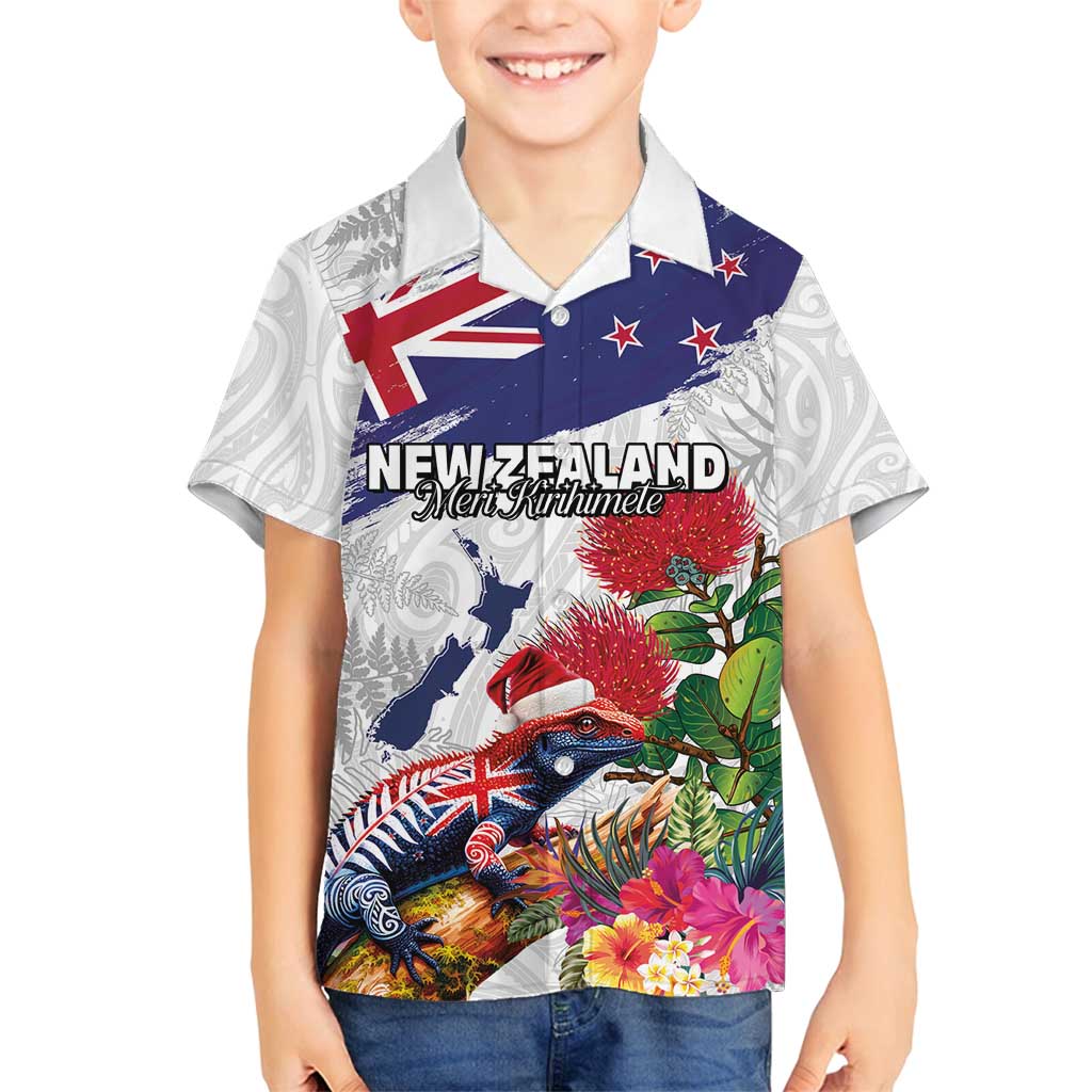 New Zealand Christmas Family Matching Off Shoulder Maxi Dress and Hawaiian Shirt Meri Kirihimete-Tuatara and Pohutukawa White Color LT03 Son's Shirt White - Polynesian Pride