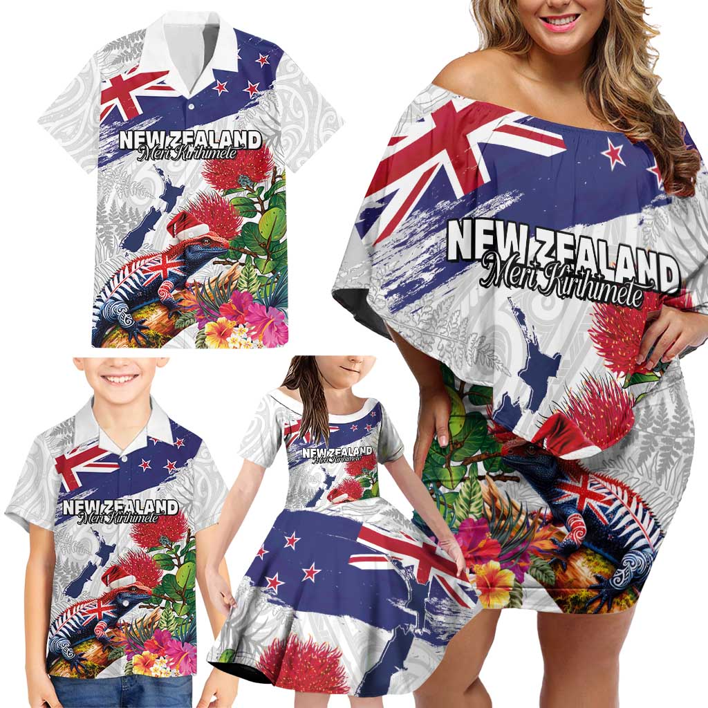 New Zealand Christmas Family Matching Off Shoulder Short Dress and Hawaiian Shirt Meri Kirihimete-Tuatara and Pohutukawa White Color LT03 - Polynesian Pride
