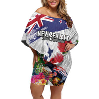 New Zealand Christmas Family Matching Off Shoulder Short Dress and Hawaiian Shirt Meri Kirihimete-Tuatara and Pohutukawa White Color LT03 Mom's Dress White - Polynesian Pride