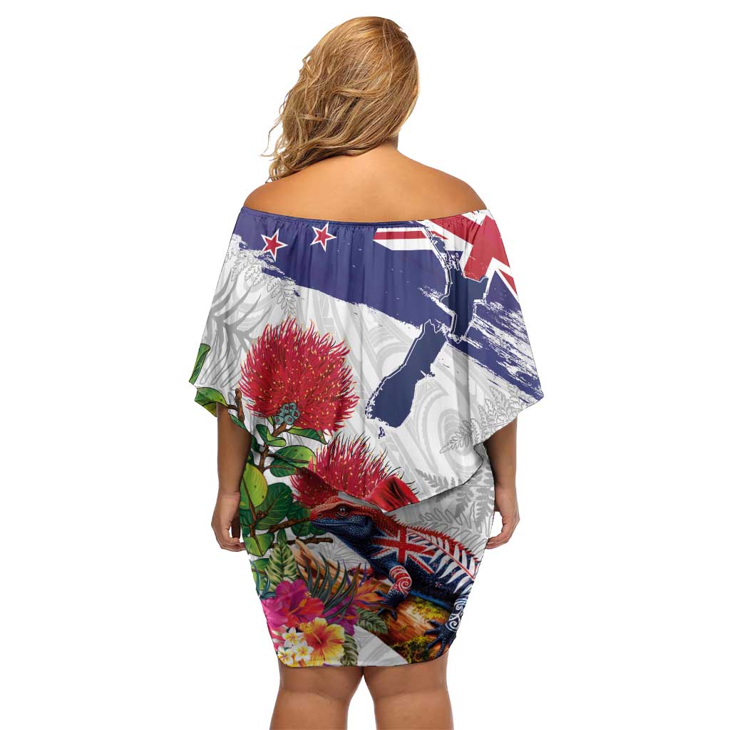 New Zealand Christmas Family Matching Off Shoulder Short Dress and Hawaiian Shirt Meri Kirihimete-Tuatara and Pohutukawa White Color LT03 - Polynesian Pride