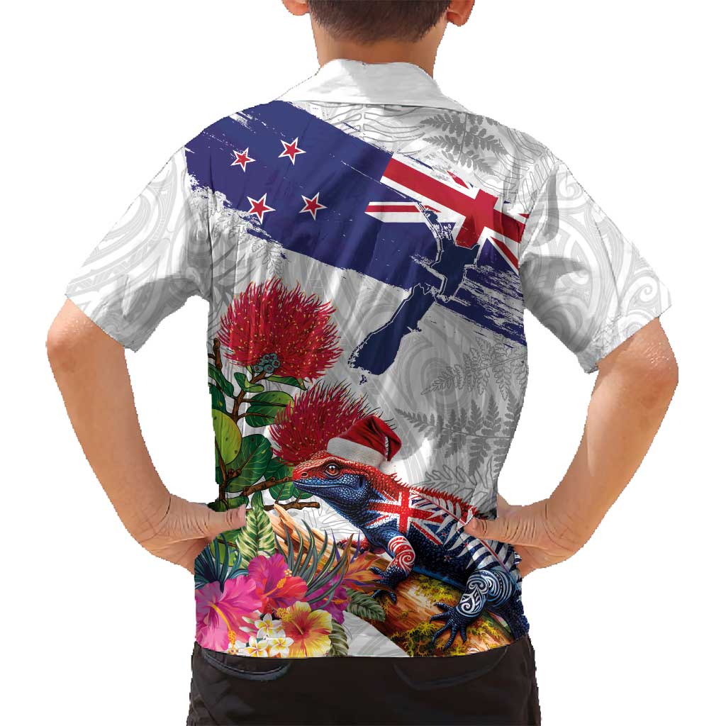 New Zealand Christmas Family Matching Puletasi and Hawaiian Shirt Meri Kirihimete-Tuatara and Pohutukawa White Color LT03 - Polynesian Pride