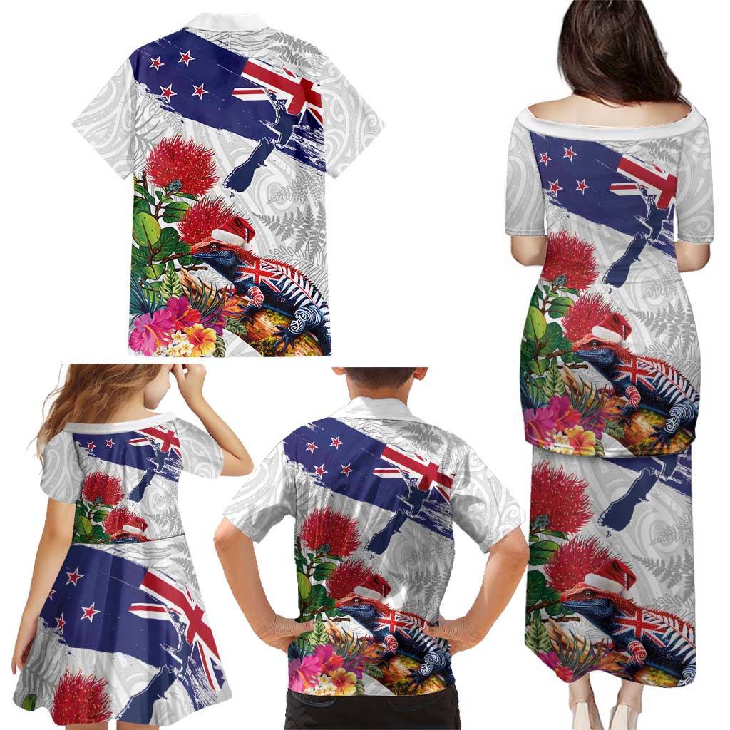 New Zealand Christmas Family Matching Puletasi and Hawaiian Shirt Meri Kirihimete-Tuatara and Pohutukawa White Color LT03 - Polynesian Pride
