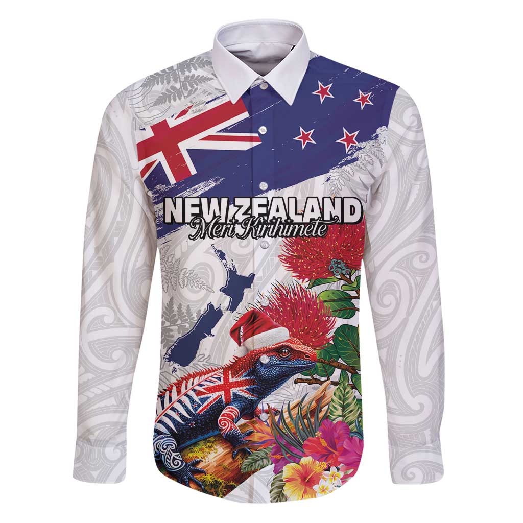 New Zealand Christmas Family Matching Puletasi and Hawaiian Shirt Meri Kirihimete-Tuatara and Pohutukawa White Color LT03 Dad's Shirt - Long Sleeve White - Polynesian Pride