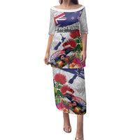 New Zealand Christmas Family Matching Puletasi and Hawaiian Shirt Meri Kirihimete-Tuatara and Pohutukawa White Color LT03 Mom's Dress White - Polynesian Pride