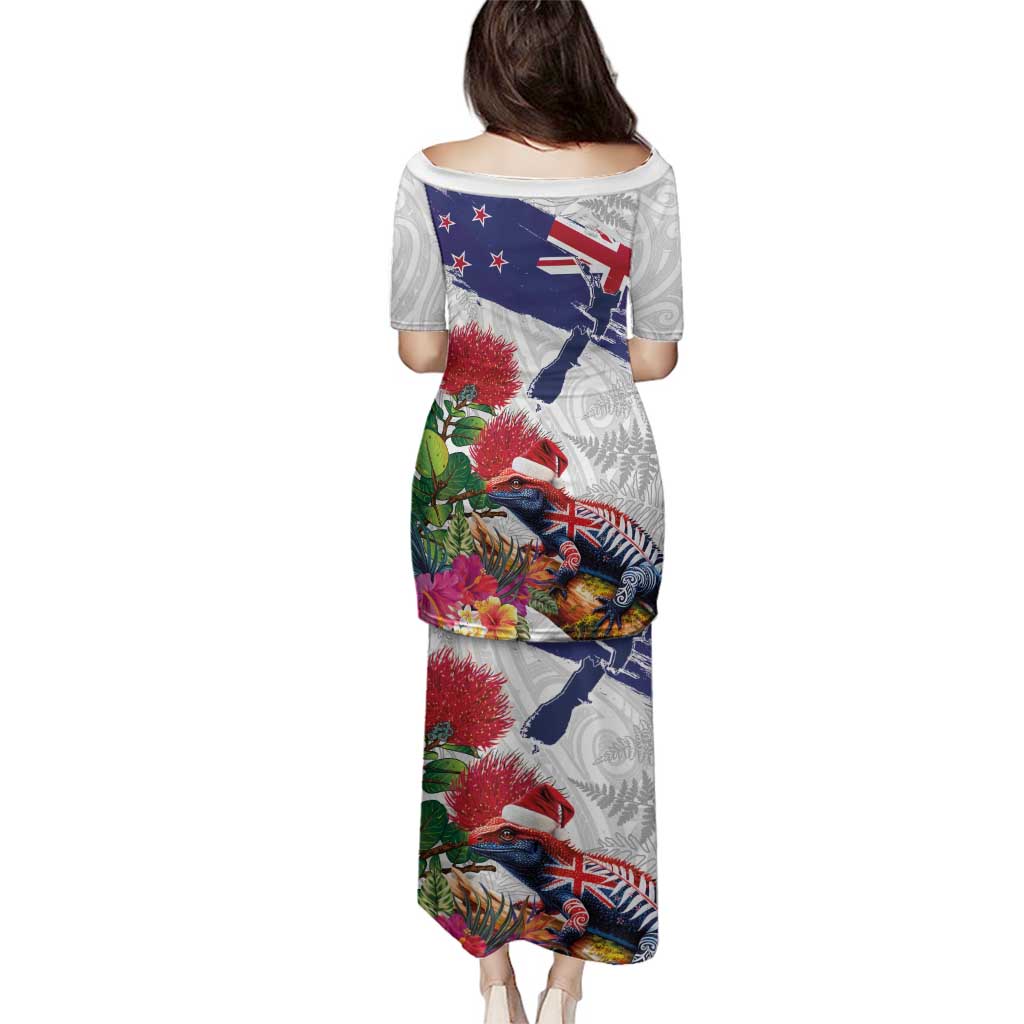 New Zealand Christmas Family Matching Puletasi and Hawaiian Shirt Meri Kirihimete-Tuatara and Pohutukawa White Color LT03 - Polynesian Pride