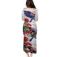 New Zealand Christmas Family Matching Puletasi and Hawaiian Shirt Meri Kirihimete-Tuatara and Pohutukawa White Color LT03 - Polynesian Pride