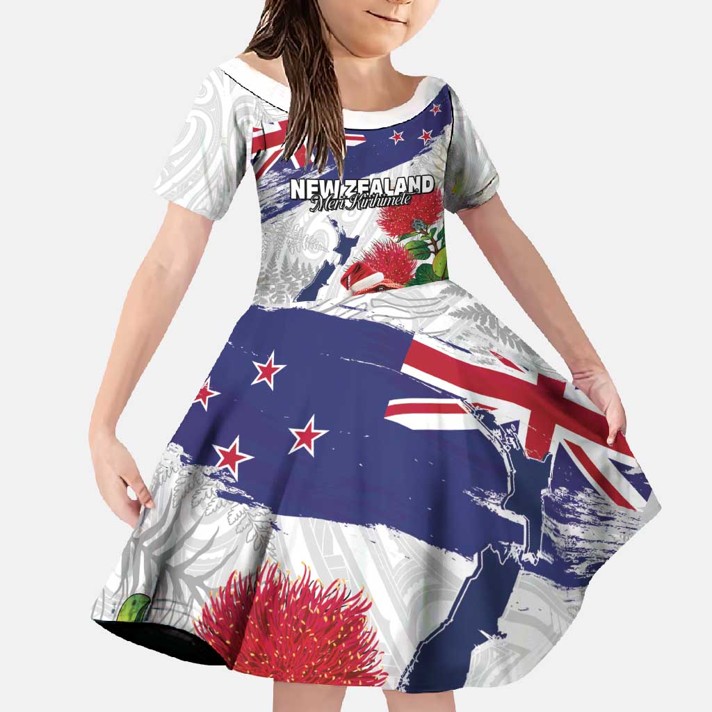 New Zealand Christmas Family Matching Short Sleeve Bodycon Dress and Hawaiian Shirt Meri Kirihimete-Tuatara and Pohutukawa White Color LT03 Daughter's Dress White - Polynesian Pride