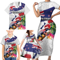 New Zealand Christmas Family Matching Short Sleeve Bodycon Dress and Hawaiian Shirt Meri Kirihimete-Tuatara and Pohutukawa White Color LT03 - Polynesian Pride