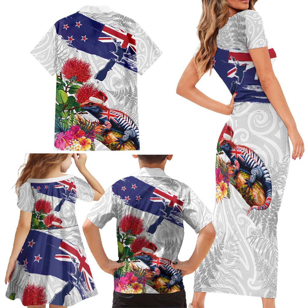 New Zealand Christmas Family Matching Short Sleeve Bodycon Dress and Hawaiian Shirt Meri Kirihimete-Tuatara and Pohutukawa White Color LT03 - Polynesian Pride