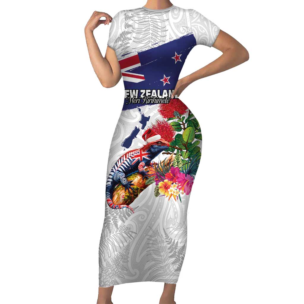 New Zealand Christmas Family Matching Short Sleeve Bodycon Dress and Hawaiian Shirt Meri Kirihimete-Tuatara and Pohutukawa White Color LT03 Mom's Dress White - Polynesian Pride