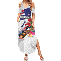 New Zealand Christmas Family Matching Summer Maxi Dress and Hawaiian Shirt Meri Kirihimete-Tuatara and Pohutukawa White Color LT03 Mom's Dress White - Polynesian Pride