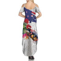 New Zealand Christmas Family Matching Summer Maxi Dress and Hawaiian Shirt Meri Kirihimete-Tuatara and Pohutukawa White Color LT03 - Polynesian Pride