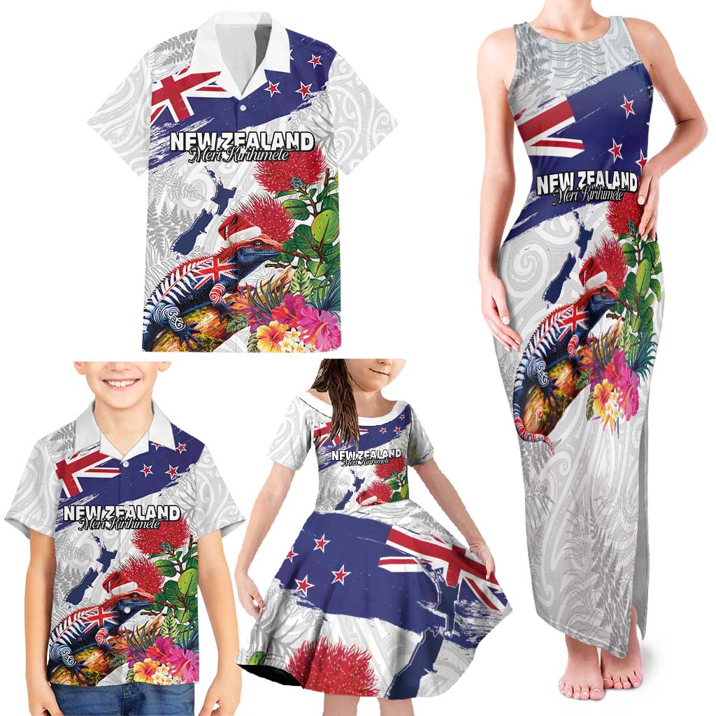 New Zealand Christmas Family Matching Tank Maxi Dress and Hawaiian Shirt Meri Kirihimete-Tuatara and Pohutukawa White Color LT03 - Polynesian Pride