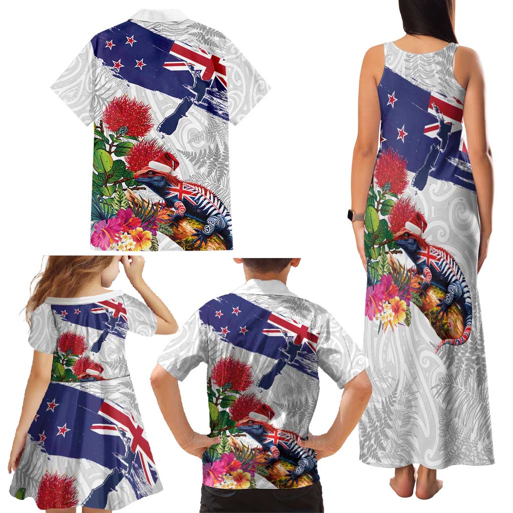 New Zealand Christmas Family Matching Tank Maxi Dress and Hawaiian Shirt Meri Kirihimete-Tuatara and Pohutukawa White Color LT03 - Polynesian Pride