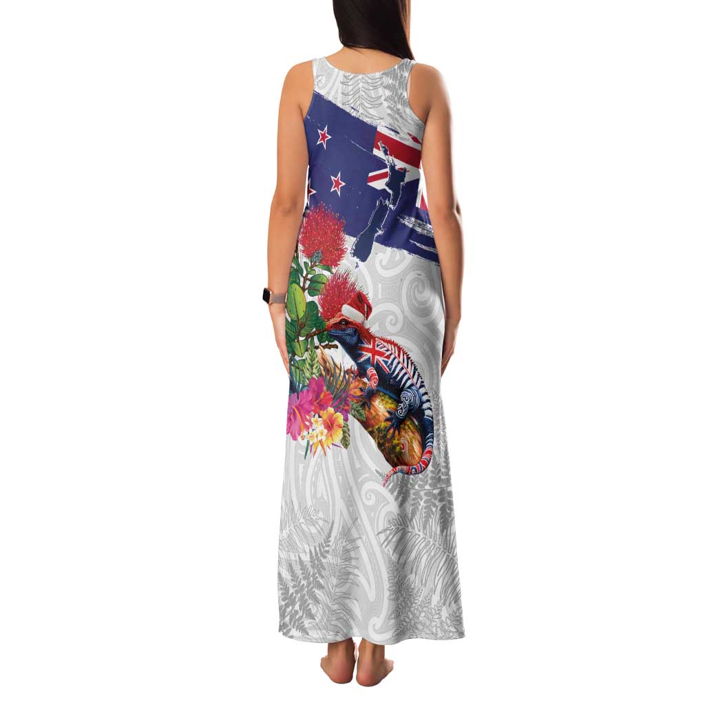 New Zealand Christmas Family Matching Tank Maxi Dress and Hawaiian Shirt Meri Kirihimete-Tuatara and Pohutukawa White Color LT03 - Polynesian Pride