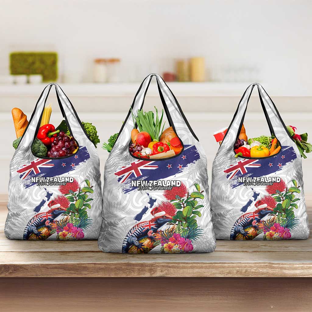 New Zealand Christmas Grocery Bag Meri Kirihimete-Tuatara and Pohutukawa White Color LT03 3-pack One Size White - Polynesian Pride