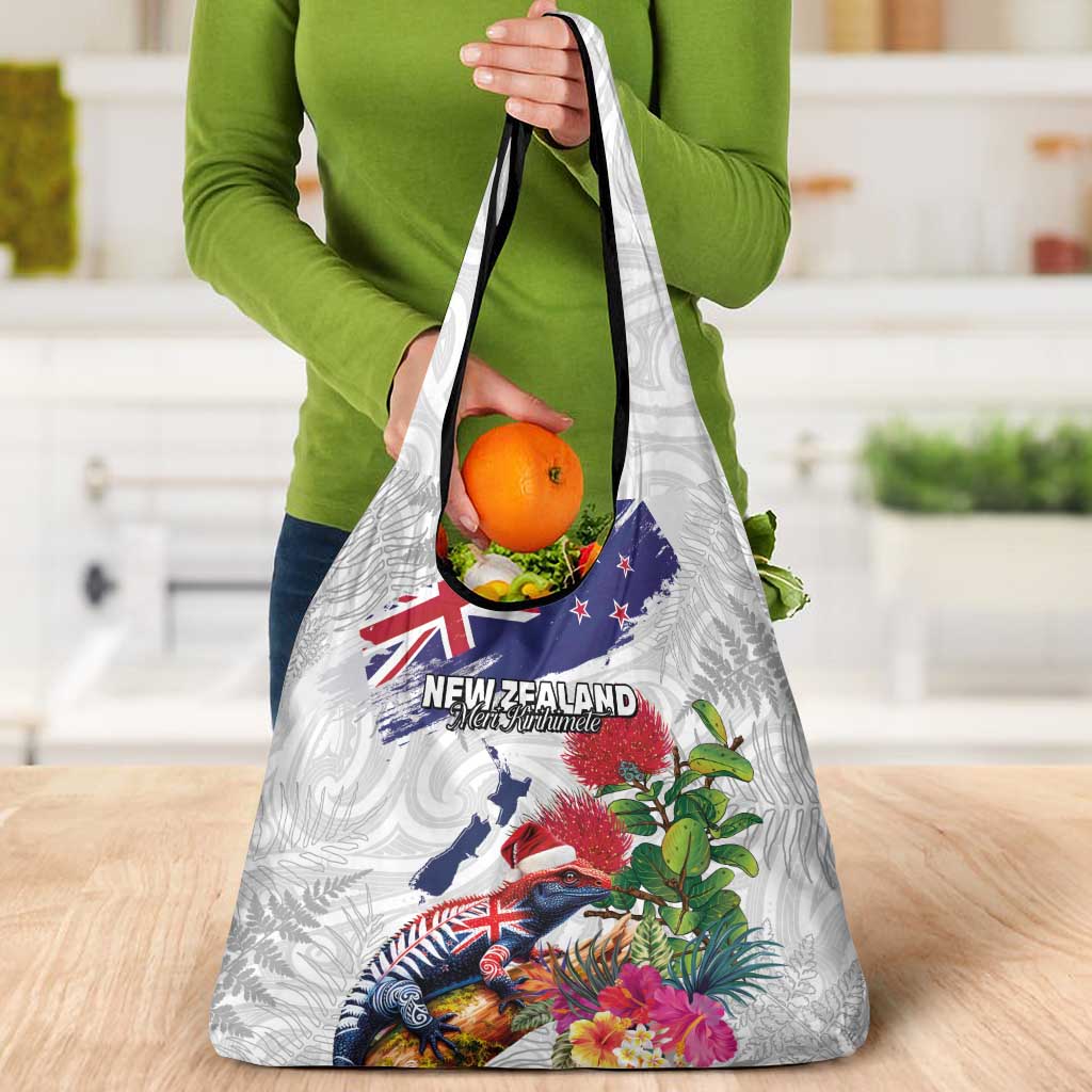 New Zealand Christmas Grocery Bag Meri Kirihimete-Tuatara and Pohutukawa White Color LT03 - Polynesian Pride