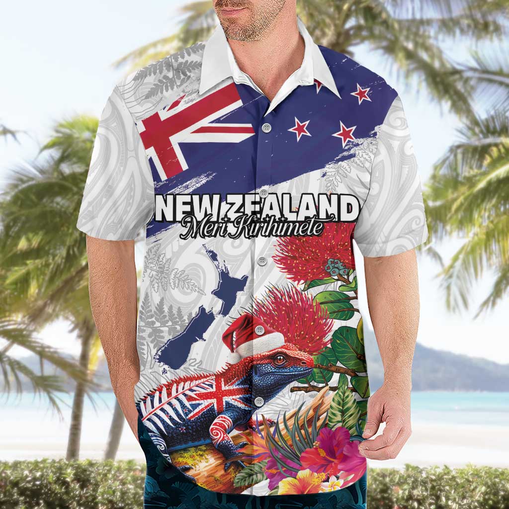 New Zealand Christmas Hawaiian Shirt Meri Kirihimete-Tuatara and Pohutukawa White Color LT03 - Polynesian Pride