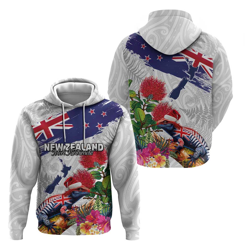 New Zealand Christmas Hoodie Meri Kirihimete-Tuatara and Pohutukawa White Color LT03 - Polynesian Pride