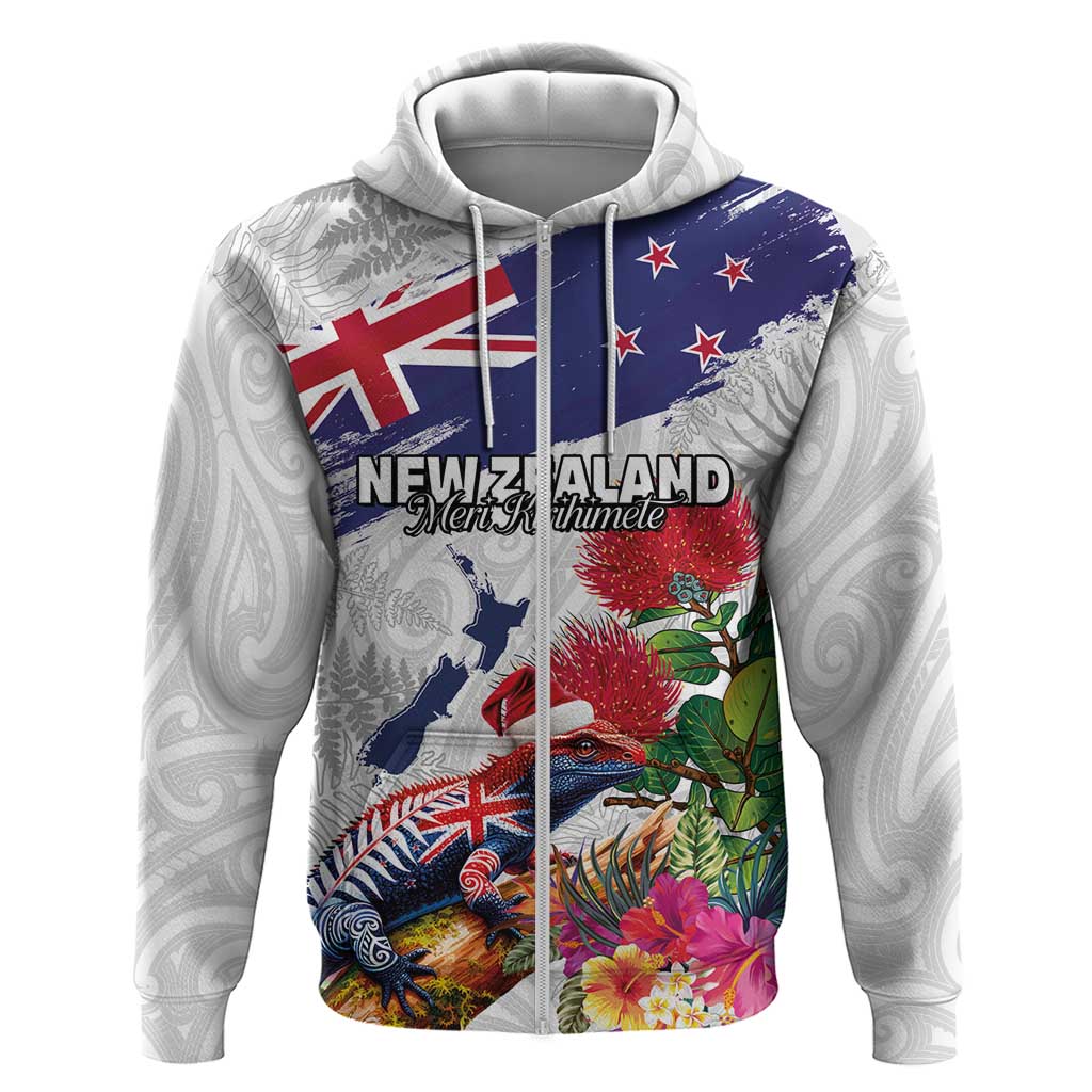 New Zealand Christmas Hoodie Meri Kirihimete-Tuatara and Pohutukawa White Color LT03 Zip Hoodie White - Polynesian Pride