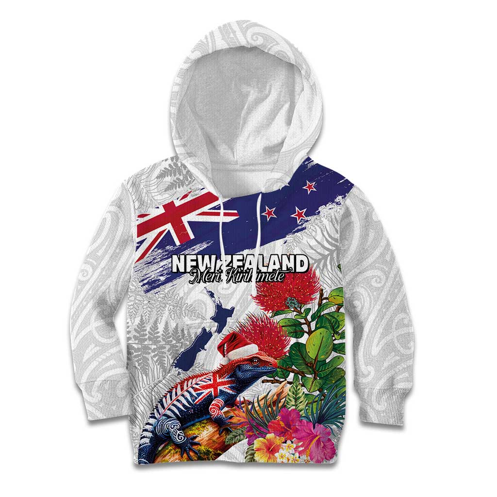 New Zealand Christmas Kid Hoodie Meri Kirihimete-Tuatara and Pohutukawa White Color LT03 Hoodie White - Polynesian Pride
