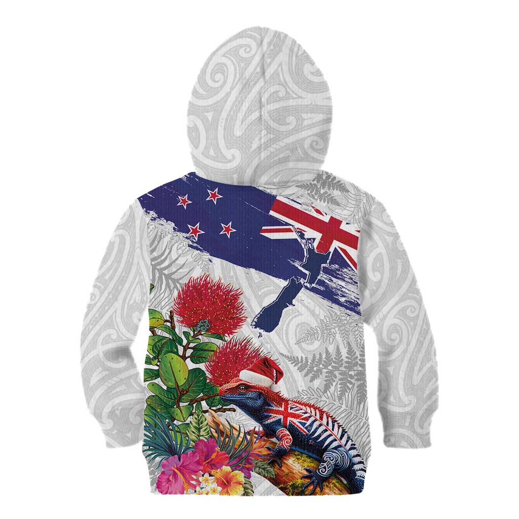 New Zealand Christmas Kid Hoodie Meri Kirihimete-Tuatara and Pohutukawa White Color LT03 - Polynesian Pride