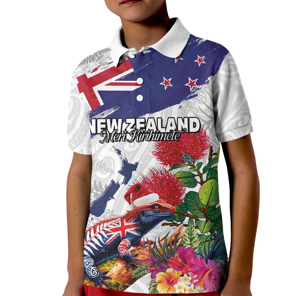 New Zealand Christmas Kid Polo Shirt Meri Kirihimete-Tuatara and Pohutukawa White Color LT03 Kid White - Polynesian Pride