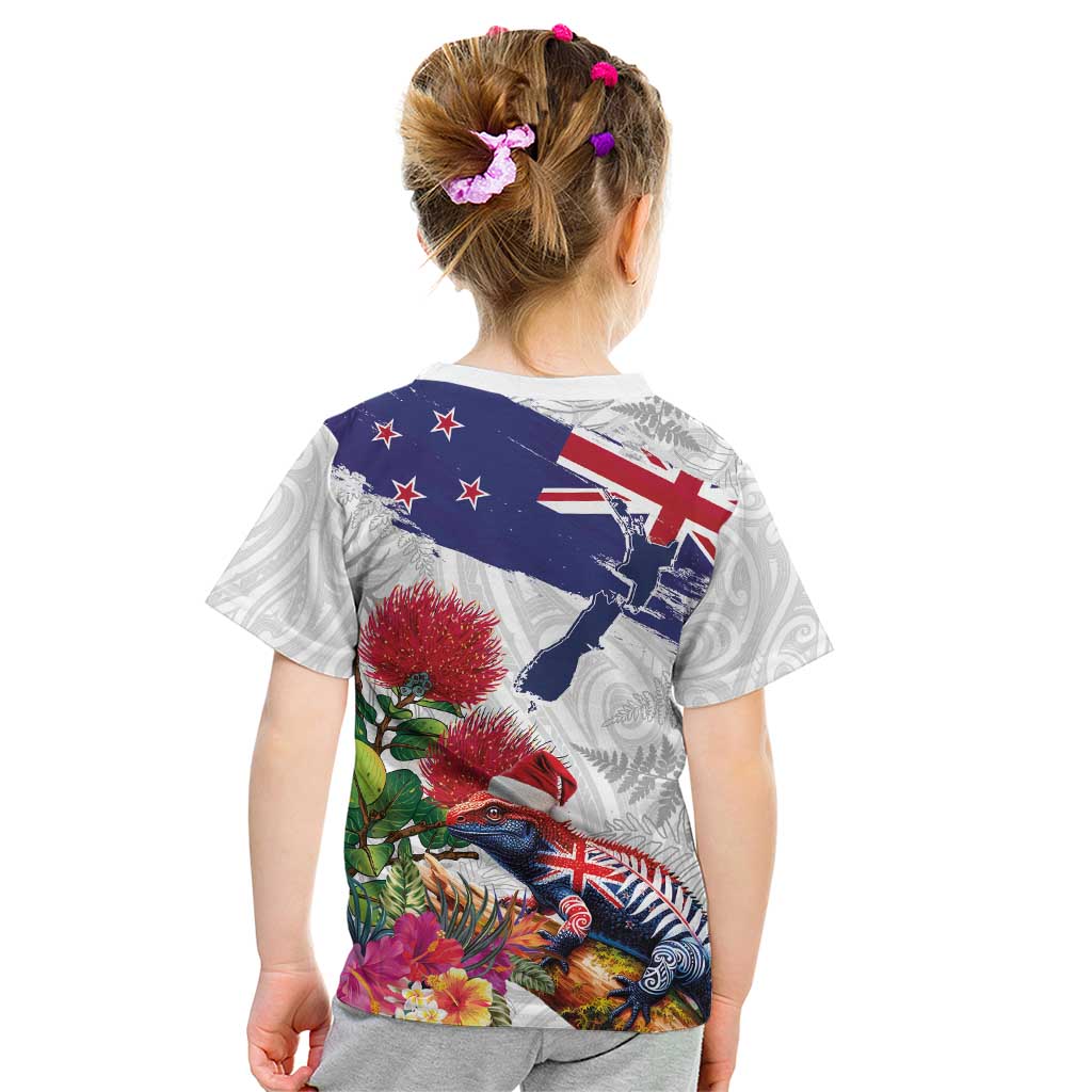 New Zealand Christmas Kid T Shirt Meri Kirihimete-Tuatara and Pohutukawa White Color LT03 - Polynesian Pride