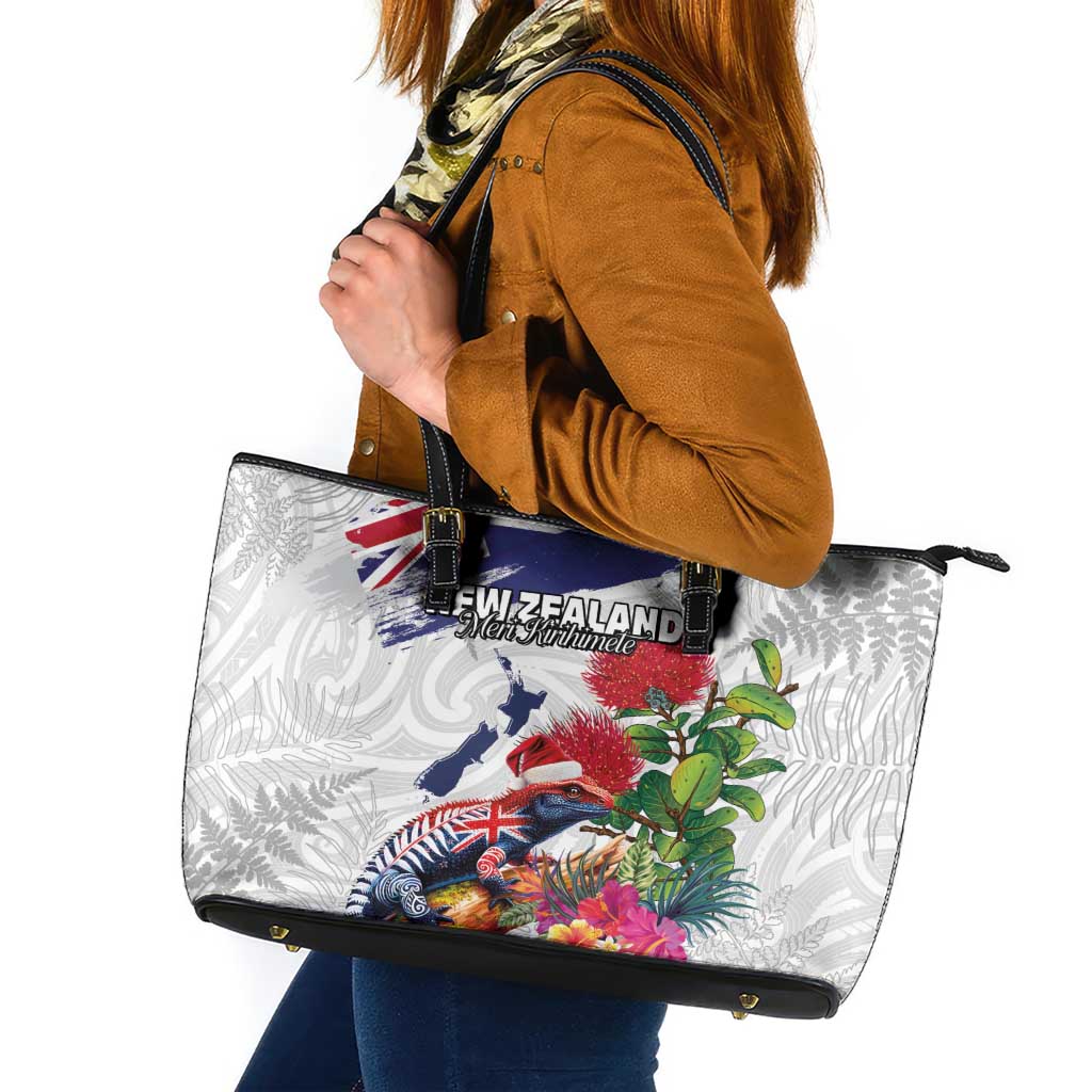 New Zealand Christmas Leather Tote Bag Meri Kirihimete-Tuatara and Pohutukawa White Color LT03 White - Polynesian Pride