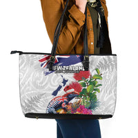 New Zealand Christmas Leather Tote Bag Meri Kirihimete-Tuatara and Pohutukawa White Color LT03 - Polynesian Pride